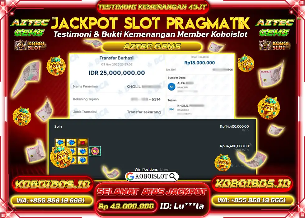 BUKTI KEMENANGAN SLOT GACOR AZTEC GEMS Rp43.000.000,- LUNAS