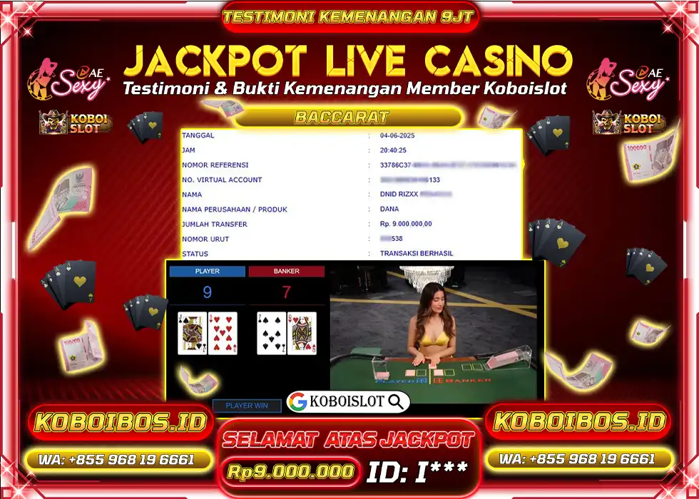 BUKTI KEMENANGAN LIVE CASINO BACCARAT AE SEXY Rp9.000.000,- LUNAS