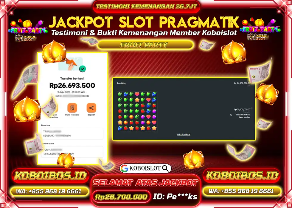 BUKTI KEMENANGAN SLOT GACOR FRUIT PARTY Rp26.700.000,- LUNAS