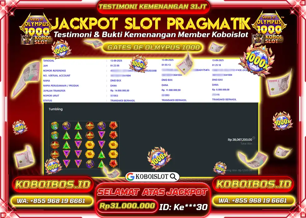 BUKTI KEMENANGAN SLOT GACOR GATES OF OLYMPUS 1000 Rp31.000.000,- LUNAS