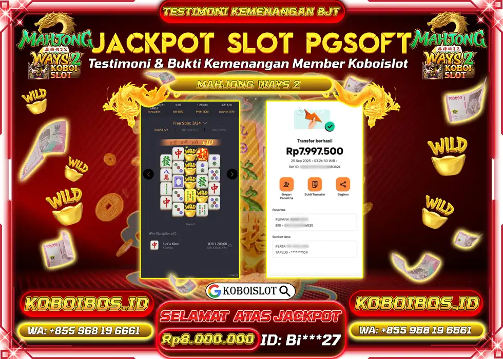 BUKTI KEMENANGAN Bi*** SLOT GACOR MAHJONG WAYS 2 Rp8.000.000,- LUNAS