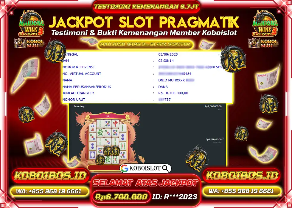 BUKTI KEMENANGAN R*** SLOT GACOR MAHJONG WINS 3 - BLACK SCATTER Rp8.700.000,- LUNAS