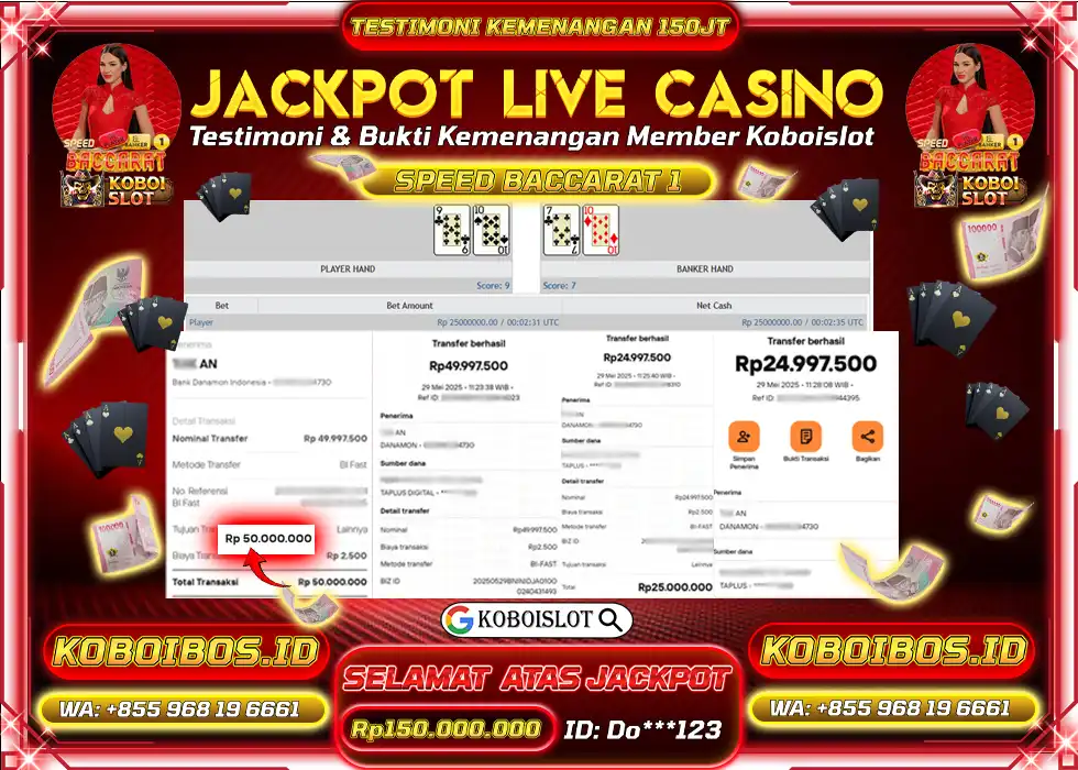 BUKTI KEMENANGAN LIVE CASINO SPEED BACCARAT 1 Rp150.000.000,- LUNAS
