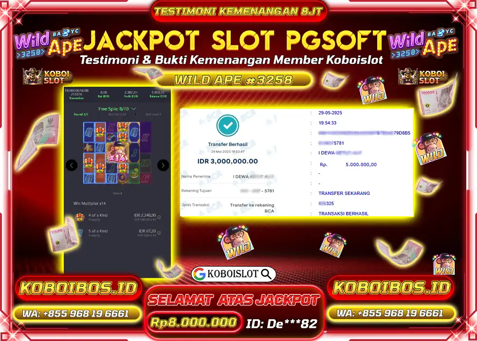 BUKTI KEMENANGAN SLOT GACOR WILD APE #3258 Rp8.000.000,- LUNAS